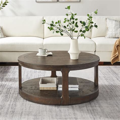31 5 Amp Quot Brown Round Coffee Table With Flip Top Hidden Storage And Open