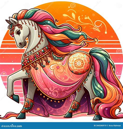 A Decorated Horse With A Metallic Mask And Mystical Symbols On Its Body A Decorated Horse With A Metallic Mask And Mystical Symbols On Its Body