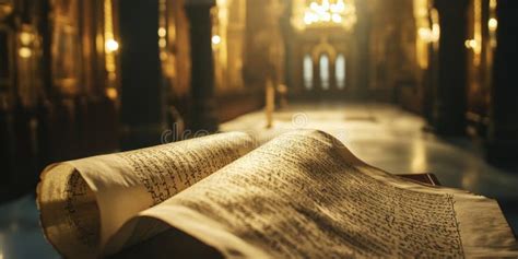 Ancient Hebrew Scroll Illuminated In Ornate Synagogue In Israel Stock Ancient Hebrew Scroll Illuminated In Ornate Synagogue In Israel Stock