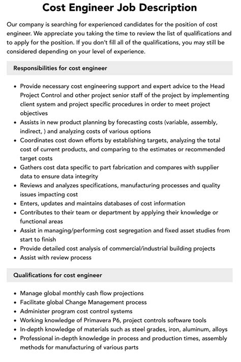 Cost Engineer Job Description Updated For 2025