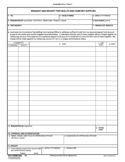 Dd Form 504 Request And Receipt For Health And Comfort Supplies Document Template Dd Form 504 Request And Receipt For Health And Comfort Supplies Document Template