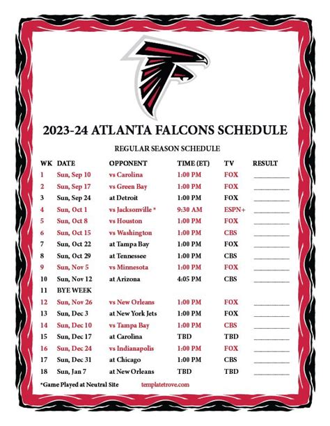 Falcons Nfl Team Schedules Printable Falcons Nfl Team Schedules Printable
