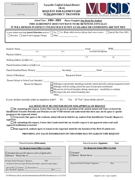 Fillable Online Vacaville Unified School District K 6 Request For Fillable Online Vacaville Unified School District K 6 Request For