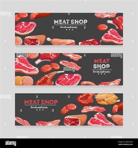 Meat Product Banners Beef Pork Ham Salami Stock Illustration