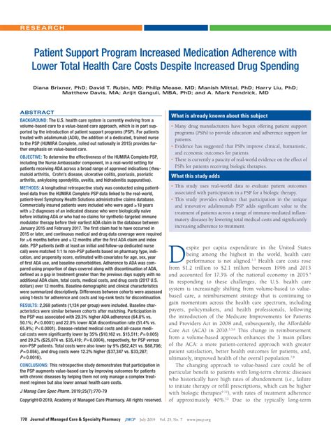 Pdf Patient Support Program Increased Medication Adherence With Lower Total Health Care Costs Despite Increased Drug Spending Pdf Patient Support Program Increased Medication Adherence With Lower Total Health Care Costs Despite Increased Drug Spending