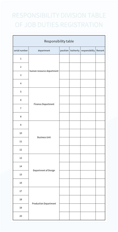 Responsibility Division Table Of Job Duties Registration Excel Template