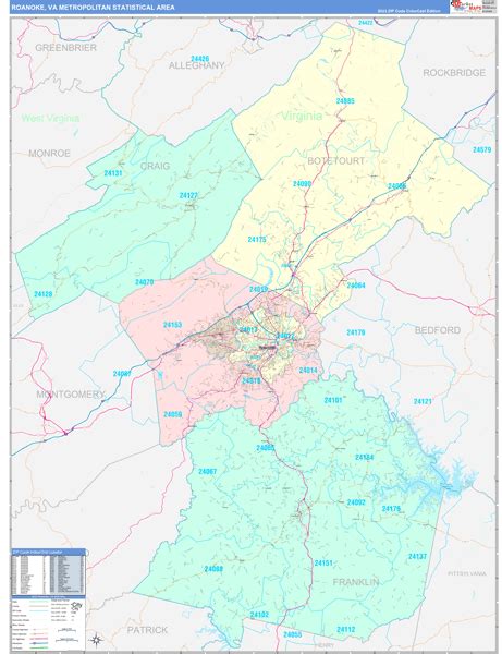 Roanoke Metro Area Wall Map Color Cast Style