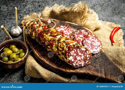 Salami Of Pork And Beef With Olives And Spices Stock Image Image Of