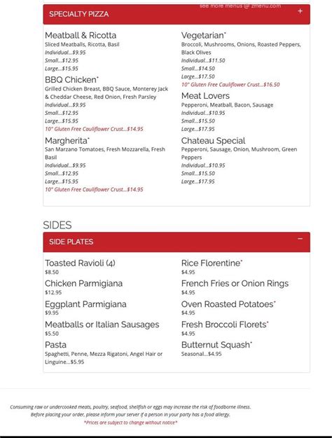 The Chateau Restaurant Burlington Burlington Ma 01803 Menu